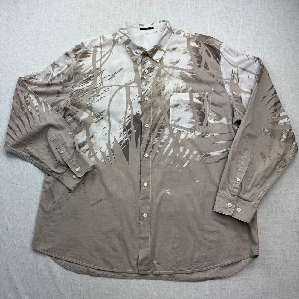 Elie Tahari Button Down Shirt Mens XXL Taupe Abstract Palm Leaf Print Designer